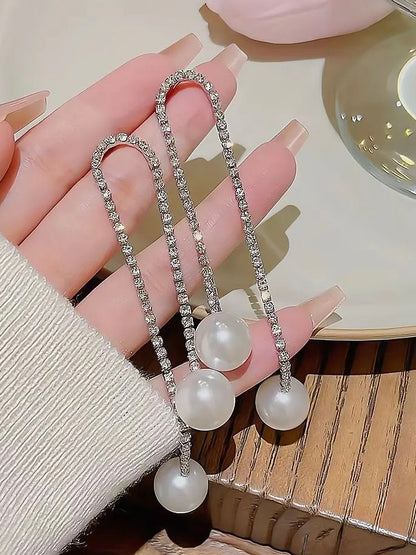 Glitter Cubic Zirconia CZ Tennis Chain Earrings Pearl Stud Dangle Tasser