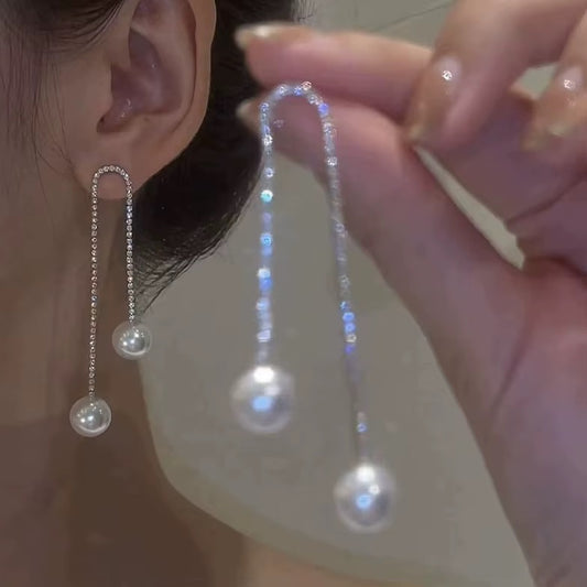 Glitter Cubic Zirconia CZ Tennis Chain Earrings Pearl Stud Dangle Tasser