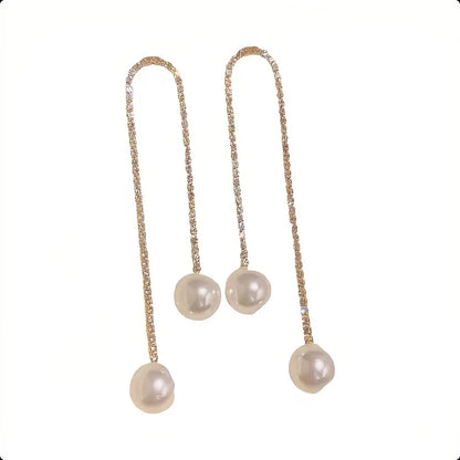 Glitter Cubic Zirconia CZ Tennis Chain Earrings Pearl Stud Dangle Tasser