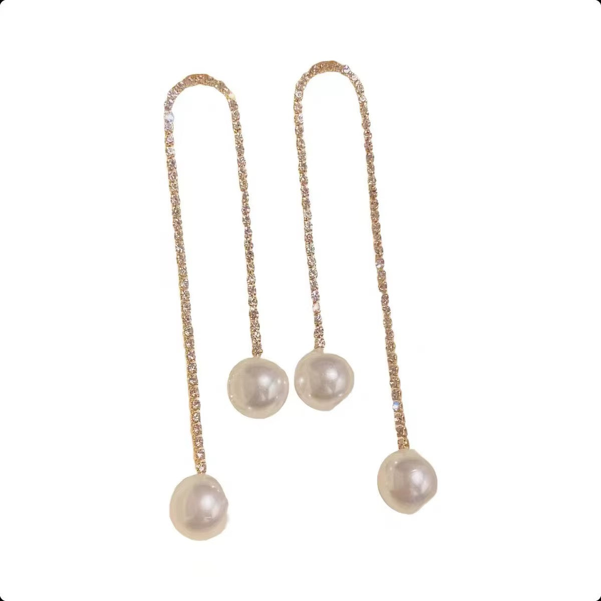 Glitter Cubic Zirconia CZ Tennis Chain Earrings Pearl Stud Dangle Tasser